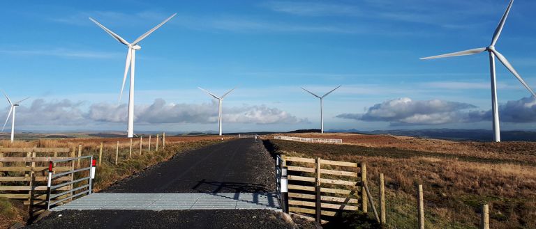 Tirgwynt turbines viewed through field